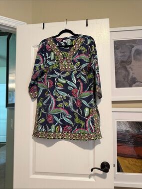 Navy Floral Long-Sleeve Tunic Dress with Pink & Green Print
